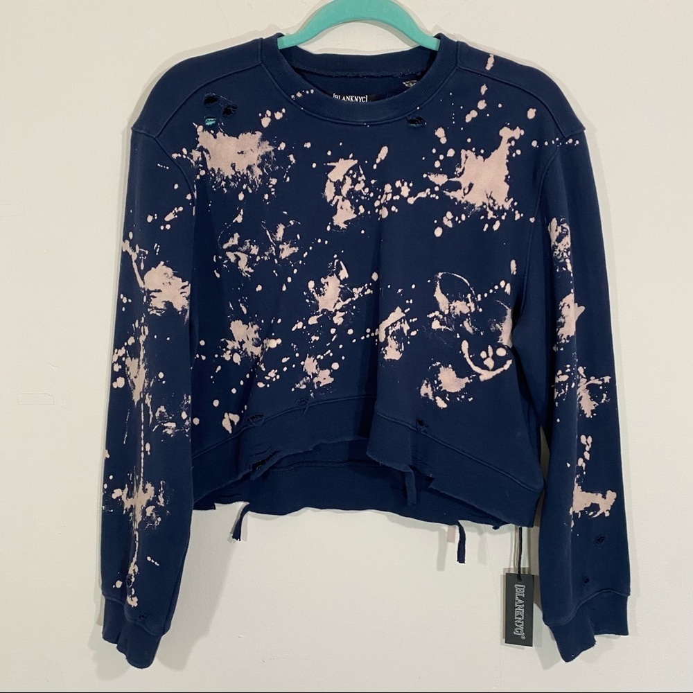 NWT Blank NYC Cropped Washed Navy Bleach Tie Dye Distressed Sweatshirt Medium